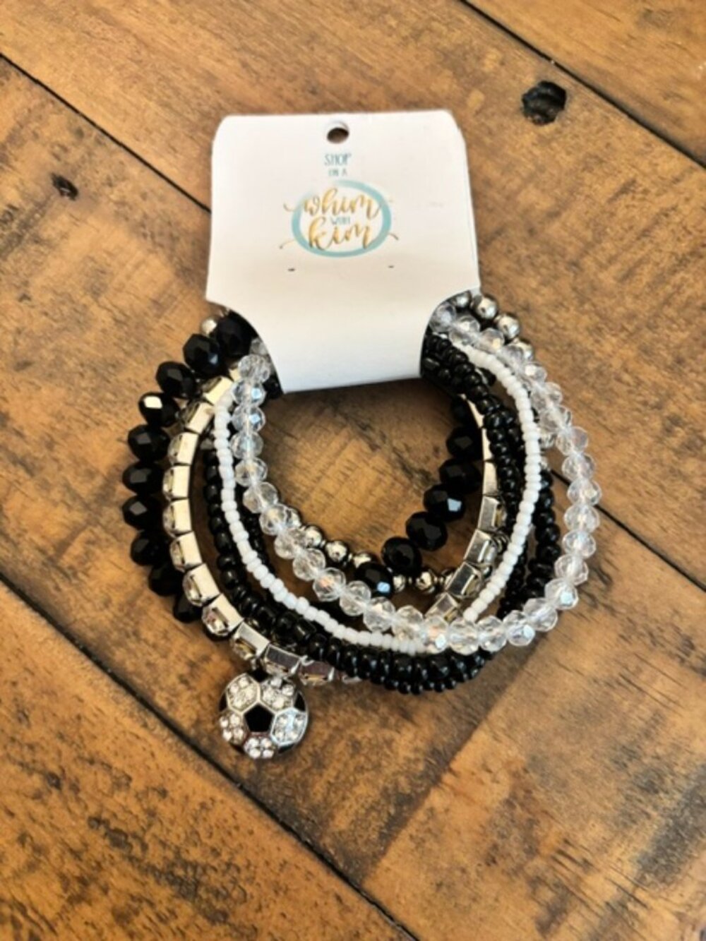 Soccer Bracelet Stack | Black White Silver Beaded Game Day Bracelet